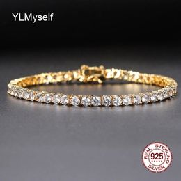 Charm Bracelets Pure Real Silver 15-21CM Tennis Bracelet Jewelry Pave m/4mm Sparkly CZ Gold Plate Eternal Gift For Wife Stunning 925 Jewellery 231222