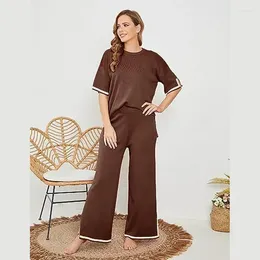 Women's Pants Fashion Knitted Short Sleeve Pyjama Suit Two Piece Set Ladies Long Sets Summer Elegant Casual Tops Outfits For Women 30314