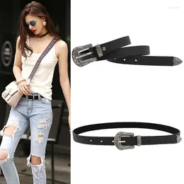 Belts Fashion Ladies Premium Pu Belt Vintage Silver Buckle Carved Simple Everything Jeans Suit Accessory Women Waistband