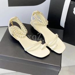 Dress Shoes Summer Sweet Women Genuine Leather Lady Sandals Low Kitten Heels Pearls Chain Buckle Strap Designer For Girl