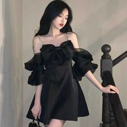 Basic Casual Dresses Deeptown Korean Style Mini Black Dress Women Fairycore Off Shoulder Party Dresses Y2k Cute One Piece Short Sleeve Tunic Vestidos YQ231222