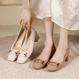 Dress Shoes Thick Heeled Square Toe Single Women's High Heels Autumn Lefu Small Leather Sheepskin British Style