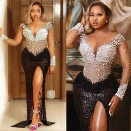 Luxurious Aso Ebi Prom Dresses Plus Size Pearls Illusion Mermaid High Split Promdress Evening Dress Elegant for African Arabic Black Women Girls Pageant Gowns NL100