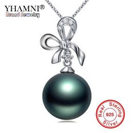 YHAMNI Real Natural Freshwater Black Pearl Pendant Necklace 925 Sterling Silver Butterfl Necklace Wedding Jewellery for Women NG06290J