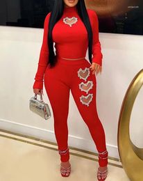 Women's Two Piece Pants Slim Fit Hollow Rhinestone Long Sleeved Round Neck Top And Tight Set Selling Fashionable Clothing