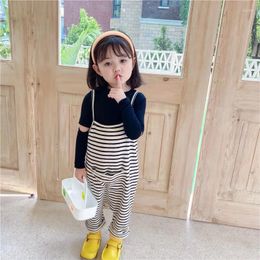 Trousers 2024 Spring Korean Children Wear Girls Stripe Loose Backband Pants Baby Sling Large Pocket Jumpsuit