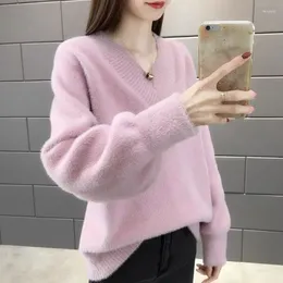 Women's Sweaters Woman Sweater Spring Autumn 2023 V-neck Mink Velvet Pullover Korean Version Loose Outer Wear Thickened Knit Bottoming Shirt