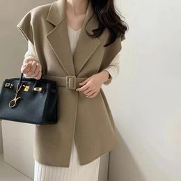 Women's Vests 2023 Korean Style Unique Autumn Winter Simple Retro Flip Collar Waist Wrapped Suit Vest Fashion Casual Coat F391