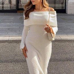 Casual Dresses OMSJ Slash Neck Sexy Women Out Going Sweater Maxi Bottoming Wear Knit Long Sleeved Backless Winter Solid Elegant Outfits