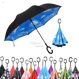 Umbrellas 10pcs Folding Reverse Umbrella 52 Styles Double Layer Inverted Long Windproof Rain Car CHook Handle Umbrellas