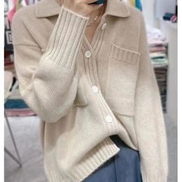 Casual Warm Lapel 100 Pure Wool Ladies Cardigan Sweater Long Sleeve Knit Jacket Women Cashmere FRSEUCAG brand 231221