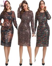 Casual Dresses Sexy Sequins Plus Size 4x L5xl Bodycon Dress Women Winter Night Club Party Leopard Print Long Sleeve Backless Vesti9823018