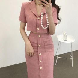 Skirts Fashion Korea Elegant Lapel Thin Tweed Small Suit Short Jacket High Waist Chic Button Slim Womens Two Piece Skirt Sets Summer