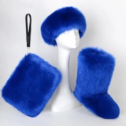 Unisex Winter Faux Fur MidCalf Snow Boots Purse Handbag Headband ThreePiece Set Women Fluffy Fox Warm Shoes Size 3644 231221