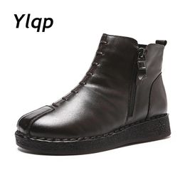 Boots Ylqp 2022 Winter Vintage Style Genuine Leather Women Boots Flat Booties Soft Cowhide Women's Shoes Zip Ankle Boots Zapatos Mujer