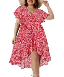 Plus Size Womens V-neck Dress Lace-up Belt Floral Print Short Sleeves Large Size Pleated Mini Dress Summer Casual Clothing 231222