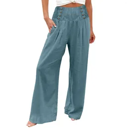 Women's Pants Summer Cotton Linen Wide Leg Women Loose Palazzo Pant Pocket Elastic Waist Button Casual Winter Ropa Mujer