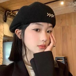 Berets Woollen Beret Hat For Women Cap Autumn Winter Retro Brown Black Artist Flat Fashion Lady Girls Vintage Bud Painter