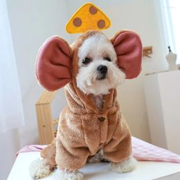 Dog Apparel Pet Cute Velvet Hooded Onesie Coat Comfortable Soft Cheese Mouse Big Ears Clothes Winter Warm Wool Jacket Vest Cat Pajamas