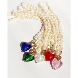 Real Baroque Pearl Necklace With Heart Charm Pink Blue Red Green Crystal Love Pendant Summer Bohemia Outer Banks Necklaces176F