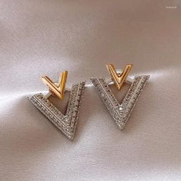 Stud Earrings 2023 Korea Design Fashion Jewelry 14K Gold Plated Luxury Zircon Letter V Elegant Women's Evening Party Accessories