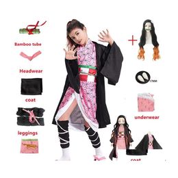 Clothing Cartoon Clothing Kamado Nezuko Cosplay Costume Demon Slayer Uniform Clothes Kimono Wig Props Set Halloween For Kids Adt Drop Deliv