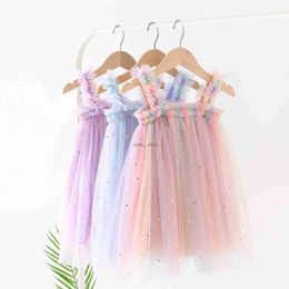 Girl's Dresses Baby Girl Dress Rainbow Colorful Summer Pleated Toddler Kids Suspenders Dress Baby Tutu Dresses Children Birthday Princess DressL231222