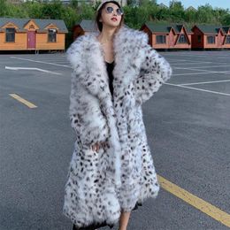 Women's Fur Coat White Black Leopard Fluffy Jacket Winter Thicken Long Sleeve Big Lapel Warm Faux Overcoat