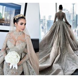 Vestidos de noiva de sereia alta de miçangas de cristal de luxo de luxo com trem destacável sexy de tamanho longo de mangas compridas Vestido de noiva árabe de champanhe Mulslim