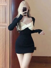 Basic Casual Dresses Elegant Black Short Party Dress Woman Sexy Slim Bodycon Y2k Mini Dress Office Lady One Piece Dress Korean Fashion 2023 Winter YQ231222