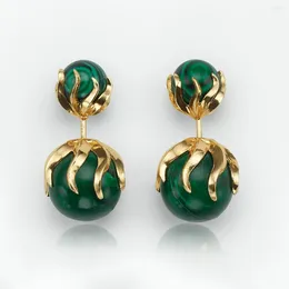 Stud Earrings Round Malachite With Emerald Set In Copper