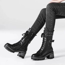Boots Metallic gothic boots woman high heels chunky shoes casual lace up zippers closure punk boots fashion design rivet high boots