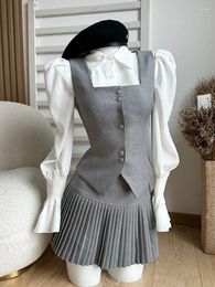 Skirts Formal Occasion Kpop Outfits 3 Piece Set Lapel Collar Blouses Wrap Hip High Waist Coquette Chic Vest Japanese Fashion