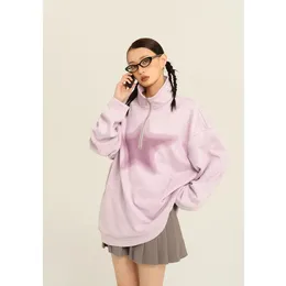 Womens Hoodies Sweater Spring And Autumn American Retro Pink Suede Half Zipper Pullover Polo Collar Fashion Street Style Loose