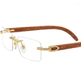 Sunglasses Vazrobe Rimless Eyeglasses Frame Male Gold Myopic Glasses Diamond Rhinestone Frameless Spectacles Wooden Temple