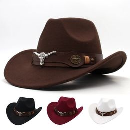 Western Cowboy Black Hat With Bull Decor Classic Wide Brim Jazz Imitation Wool Hats For Women Felt Cow Head Knight 231221