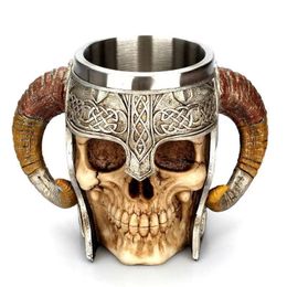 Mugs Stainless Steel Skull Mug Viking Ram Horned Pit Lord Warrior Beer Goat Horn Resin Tankard Coffee Mugs Tea Cup Halloween Bar Gift C