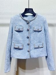 Women's Jackets Women Blue Tweed Set Diamond Buttons Sequin O-Neck Ladies Coat Or High Waist A-Line Mini Skirt