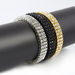 Men Black Gold Silver Finish 3 Row Diamond Simulate Bracelet 8inch 12mm Rhinestone Iced Out Hip Hop Bling ewelry293P