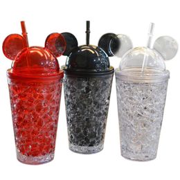 Fashion Double Straw Ice Boles Cartoon Big Ears Mouse Cute Summer Cold Drinks Plastic Iced Milk Juice Coffee Drinkware198Y