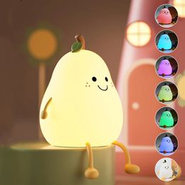 LED Pear Fruit Night Light Dimming Silicone Table Lamp Bedroom Bedside Decoration with 7Color and Timer USB Rechargeable Touch 231221
