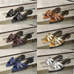 Fashion Luxury Womens Genuine Leather Sandals Slippers Flower Slippers Leather Rubber Flat Bottom Summer Beach Shoes Black Brown 45 Colors Available in Sizes 35-43