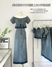 Work Dresses Women's Jeans Puff Sleeve Crop Top Skirts Sets Sexy Slash Neck Off-The-Shoulder Tops High Waist Denim Skirt Suits For Woman