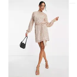 Casual Dresses Ladies Dating Beautiful Dress Spring Sequins Solid Colour Lantern Sleeve O-neck Korean Lace-up