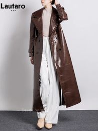 LautaroLautaro Spring Autumn Long Shiny Reflective Print Patent Pu Leather Trench Coat for Women Runway European 231221