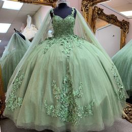 Sage Green Off The Shoulder Quinceanera Dresses Ball Gown Floral Appliques Lace With Cape Sweet 16 Party Wear vestidos de 15
