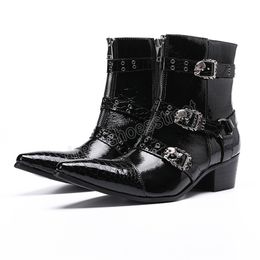 Black Genuine Leather Ankle Boots Three Belt Buckle Vintage Stitching Boots British Style Luxury Square Heel Men Boots