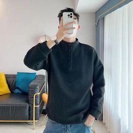 Men's T Shirts Slim Stand Collar Sweater Autumn Winter Leisure Tops Long Sleeves Buttons Solid Color Daily Tees T-shirt