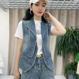 Women's Vests Denim Vest Coat 2023 Spring Summer Fashion Slim Jacket Ladies Single Row Buckle Blue Outwear