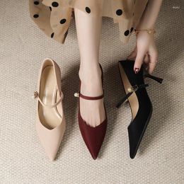 Dress Shoes Temperament Commuting Button High Heels Female Pointed Thin Wedding Bridesmaid Banquet Red